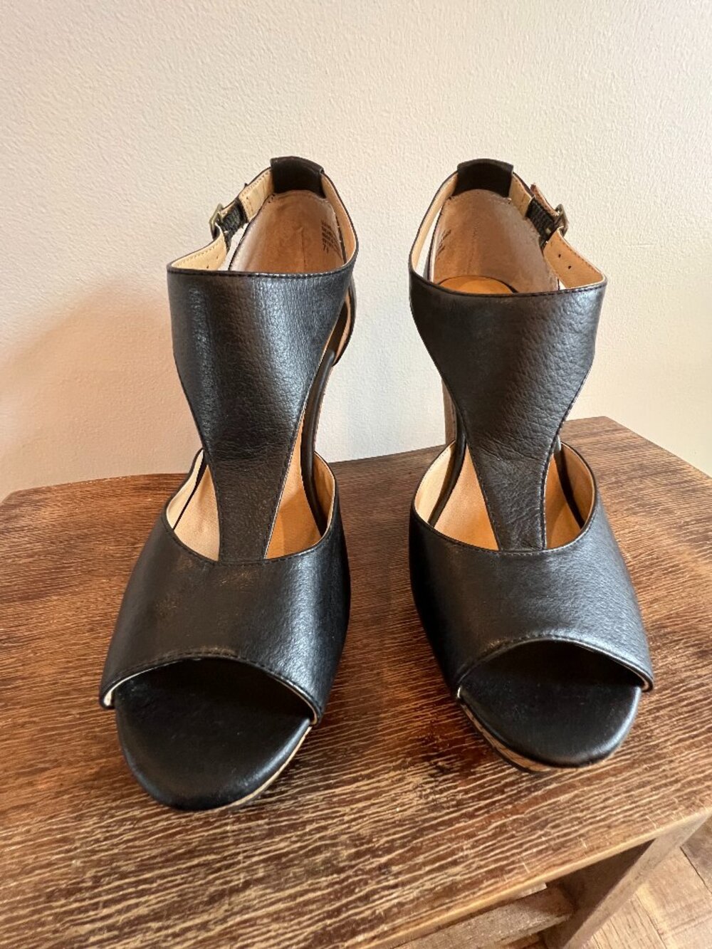 BC Footwear Black Leather Platform Wedge Heels Size 7.5